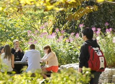 students sitting outside socializing and working together